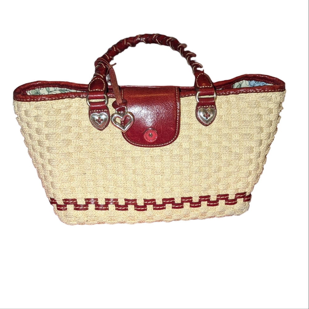 BRIGHTON Straw Handbag Purse Bag with Red Leather Detailing-NIC